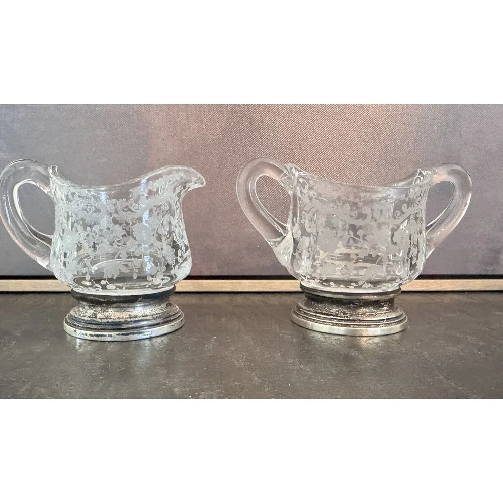 Vtg 1930's Cambridge Chantilly Etched Glass/Sterling Silver Base Creamer & Sugar
